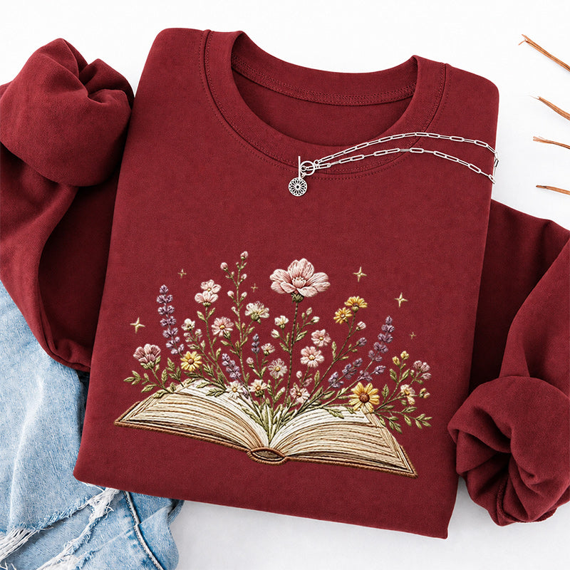 Embroidered Floral Book Classic Crewneck Sweatshirt