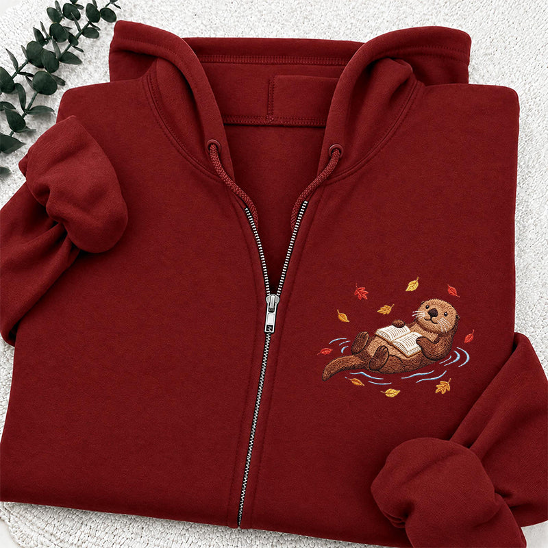 Embroidered Otter Reading Book Classic Full Zip Hoodie