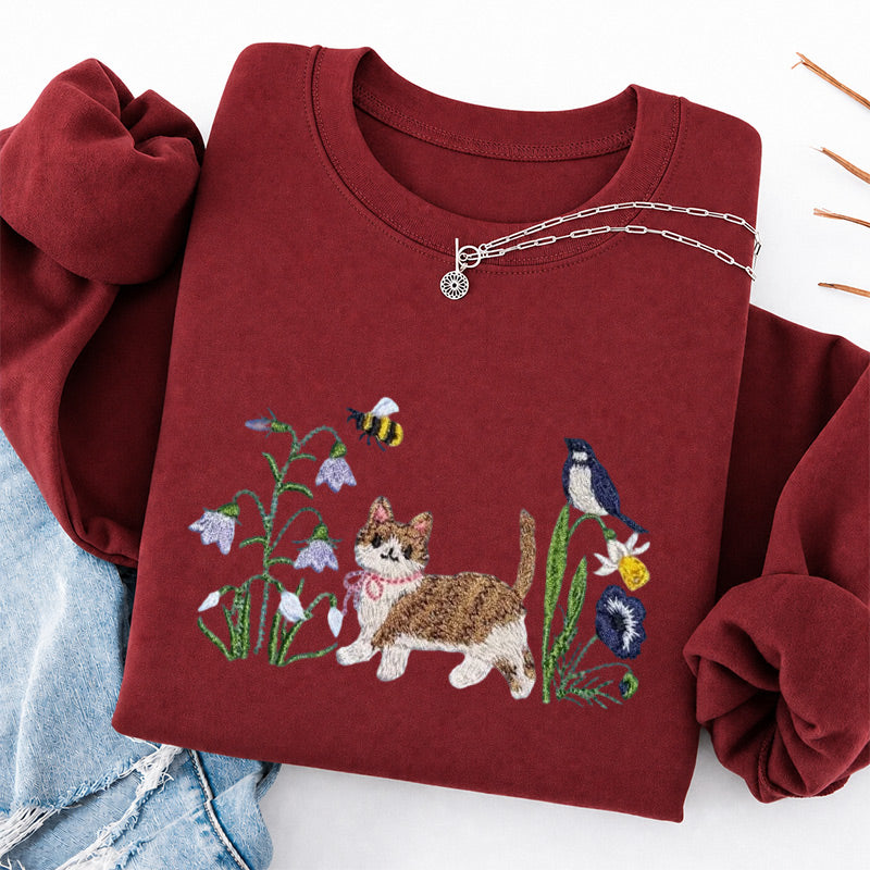 Embroidered Cat Wildflower Classic Crewneck Sweatshirt