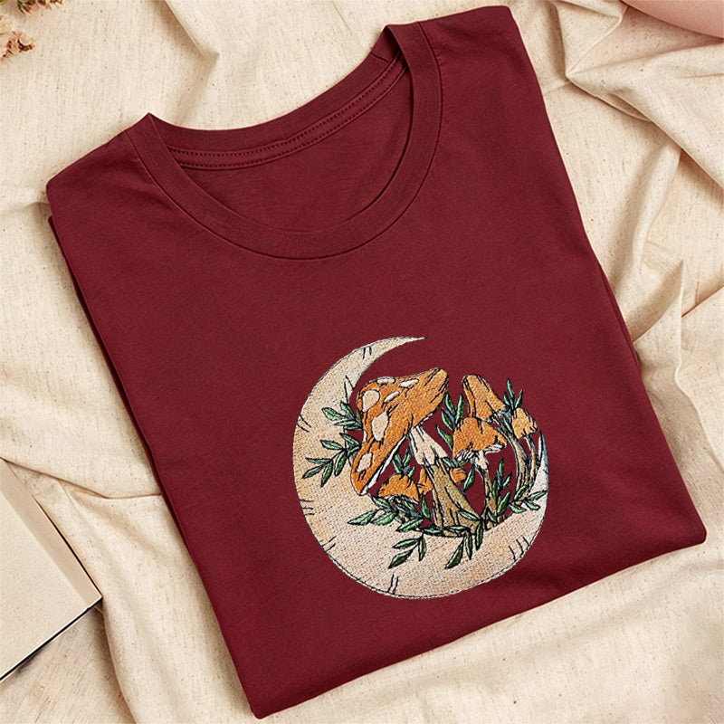 Embroidered Mushroom Moon Classic Adult Unisex Crew Neck T-Shirt