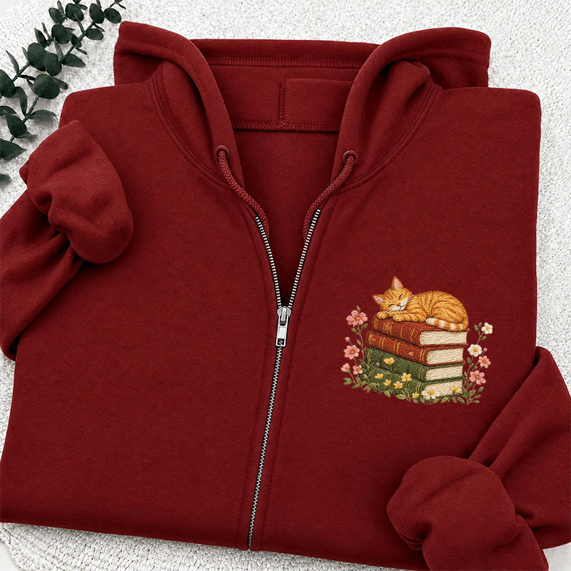 Embroidered Cat Sleeping On Books Classic Full Zip Hoodie
