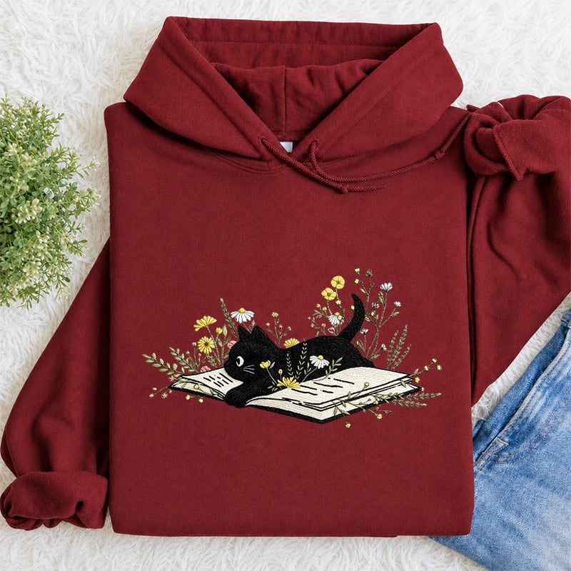 Embroidered Floral Book Cat Classic Adult Unisex Hoodie