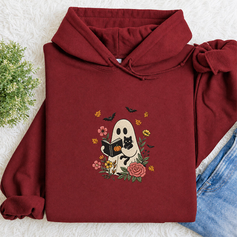 Embroidered Floral Ghost Reading Classic Adult Unisex Hoodie