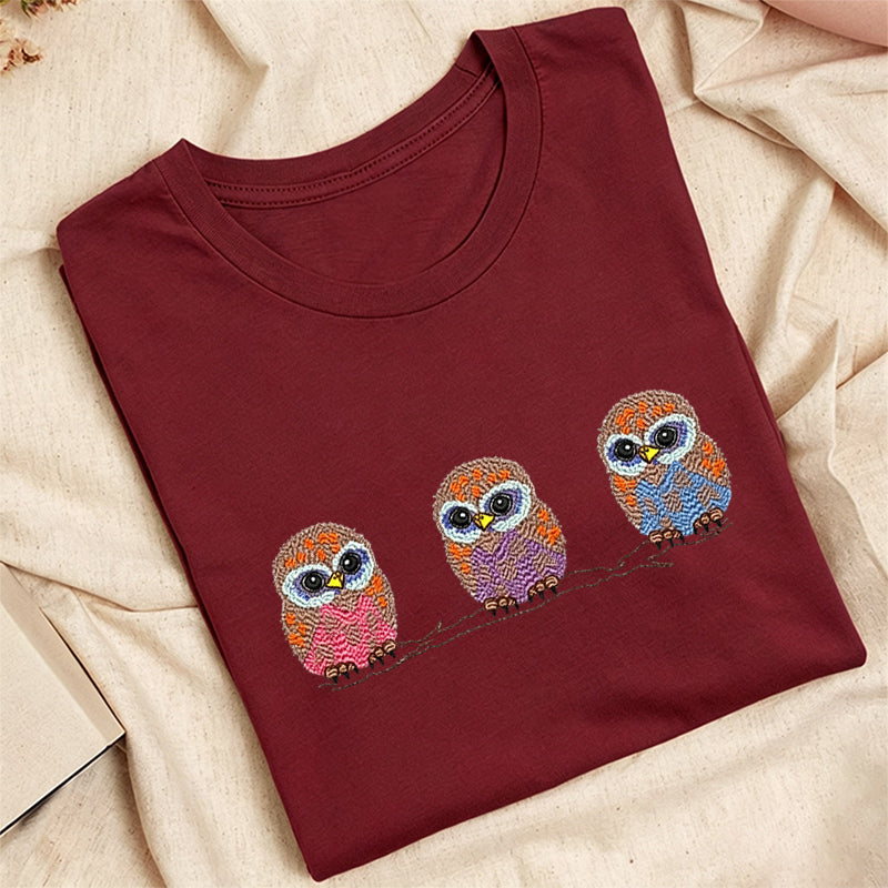 Embroidered Cute Owl Classic Adult Unisex Crew Neck T-Shirt