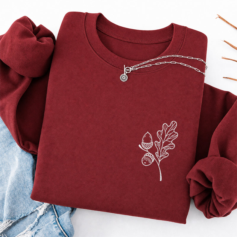 Embroidered Acorns And Leaves Classic Crewneck Sweatshirt