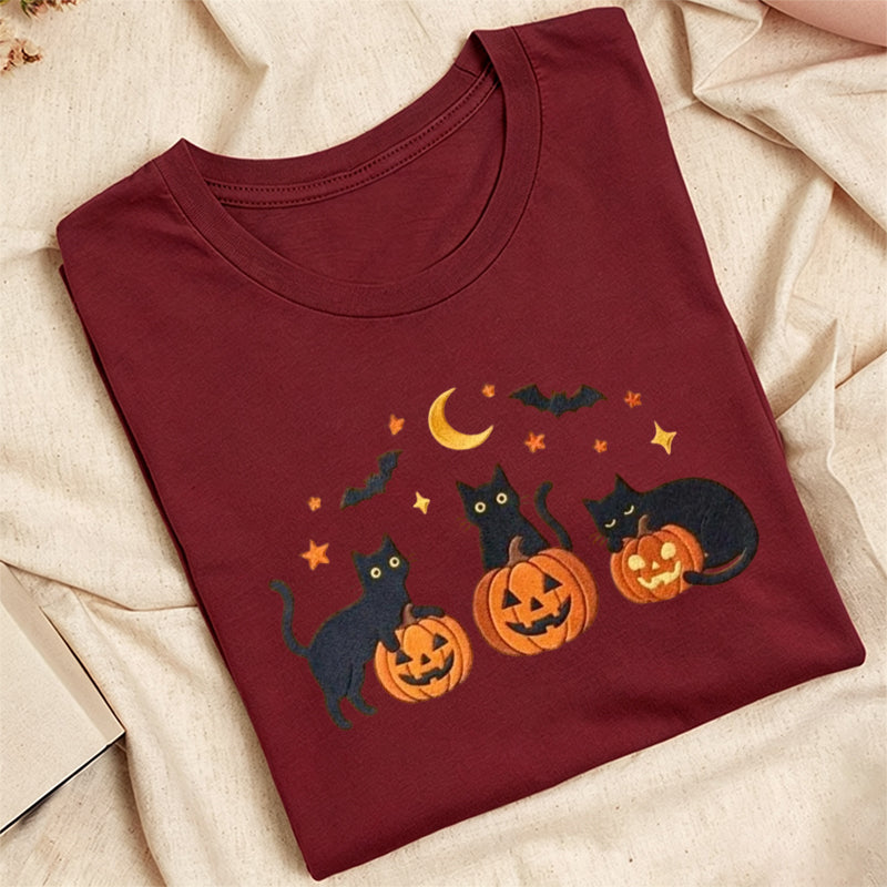 Embroidered Black Cats Pumpkins Classic Adult Unisex Crew Neck T-Shirt