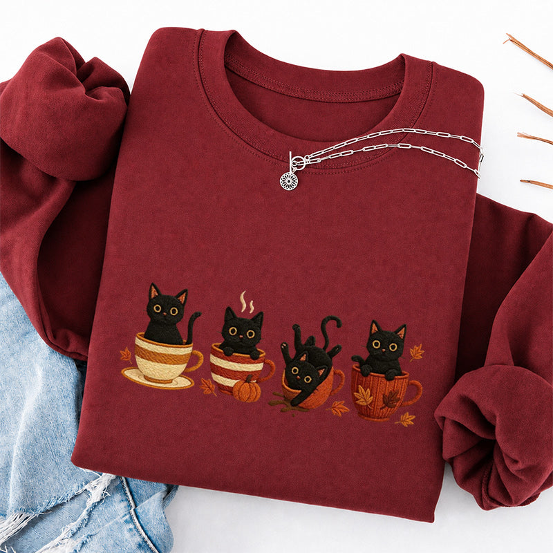 Embroidered Black Cat Coffee Classic Crewneck Sweatshirt