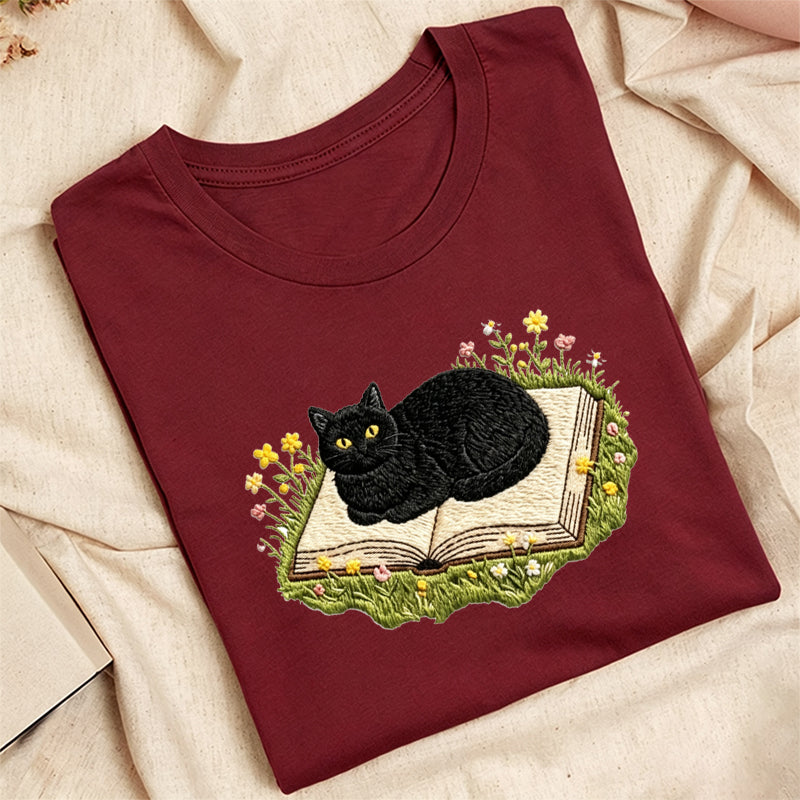 Embroidered Black Cat Book Classic Adult Unisex Crew Neck T-Shirt