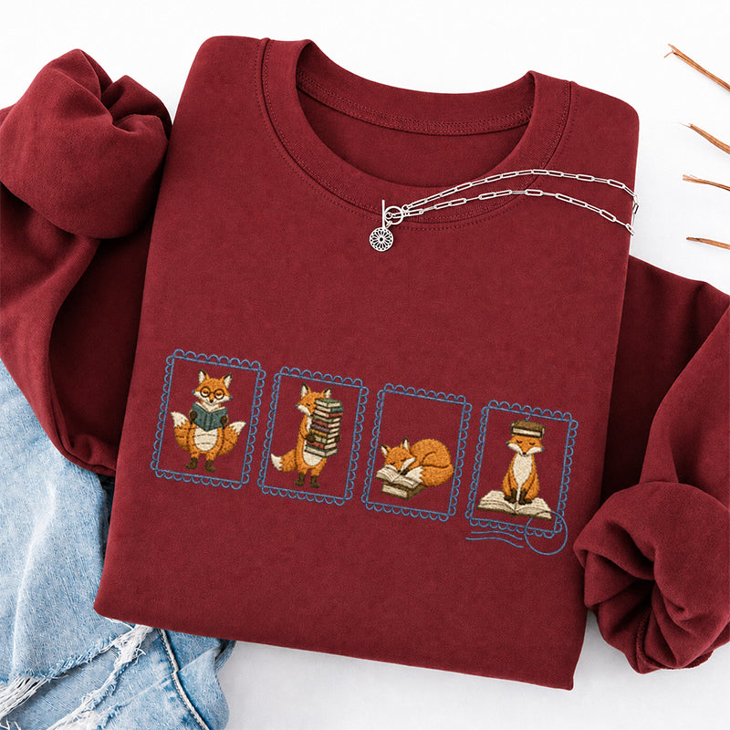 Embroidered Bookish Fox Stamp Classic Crewneck Sweatshirt