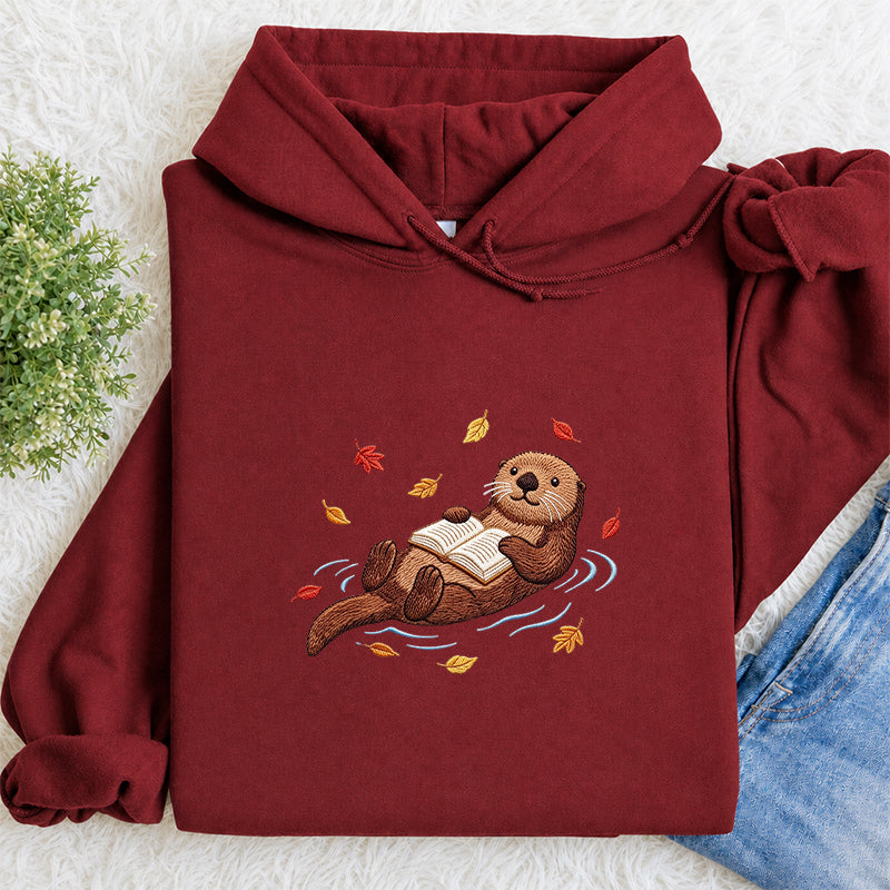 Embroidered Otter Reading Books Classic Adult Unisex Hoodie