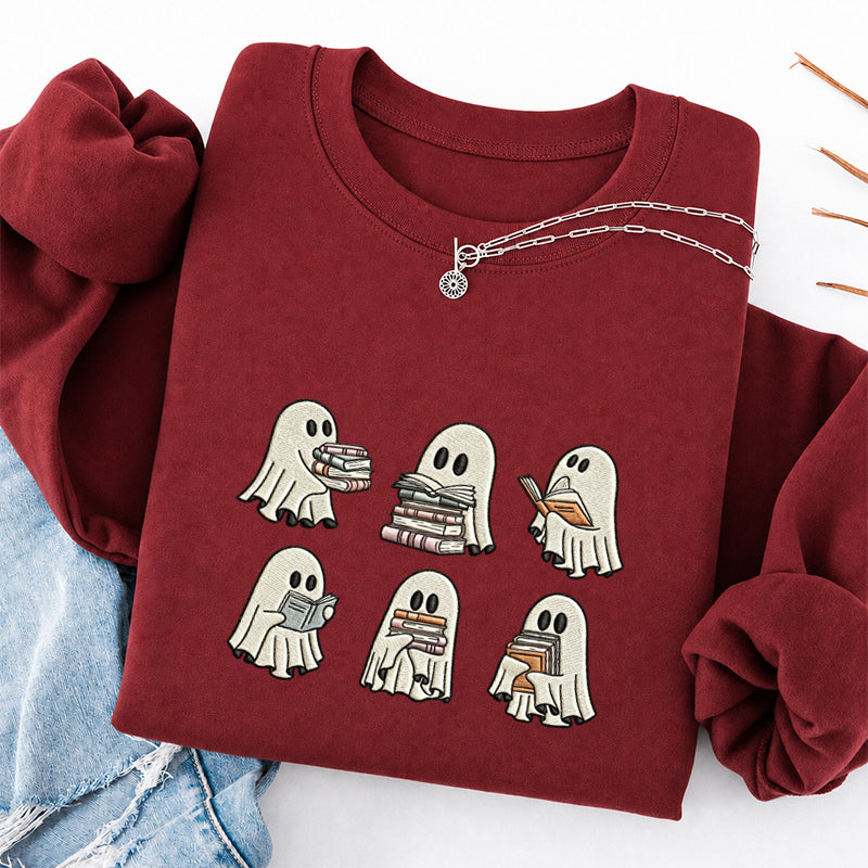 Embroidered Halloween Ghost Reading Classic Crewneck Sweatshirt