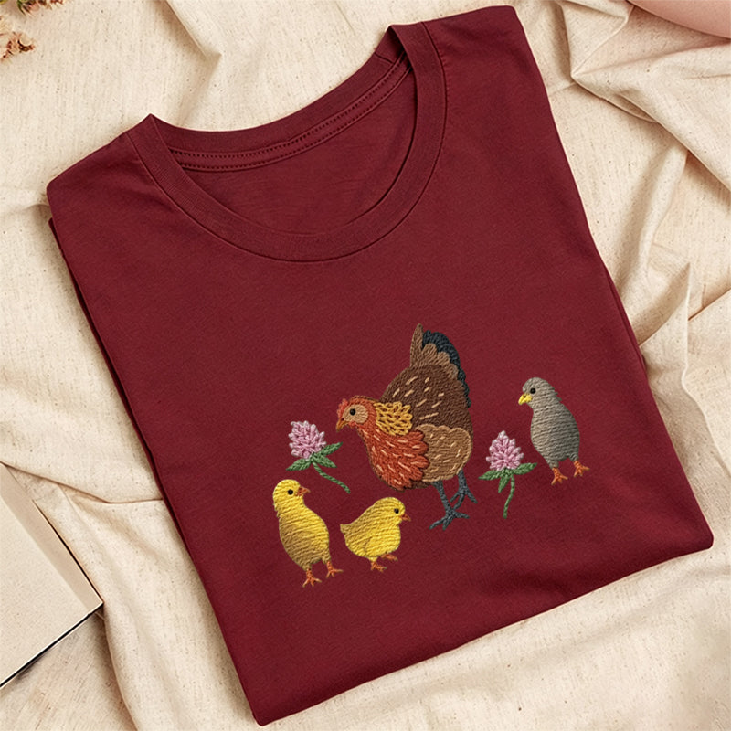 Embroidered Hen & Chicks Classic Adult Unisex Crew Neck T-Shirt