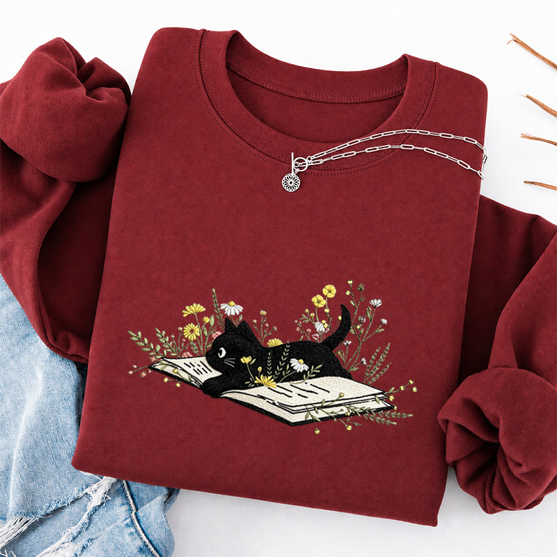 Embroidered Floral Book Cat Classic Crewneck Sweatshirt