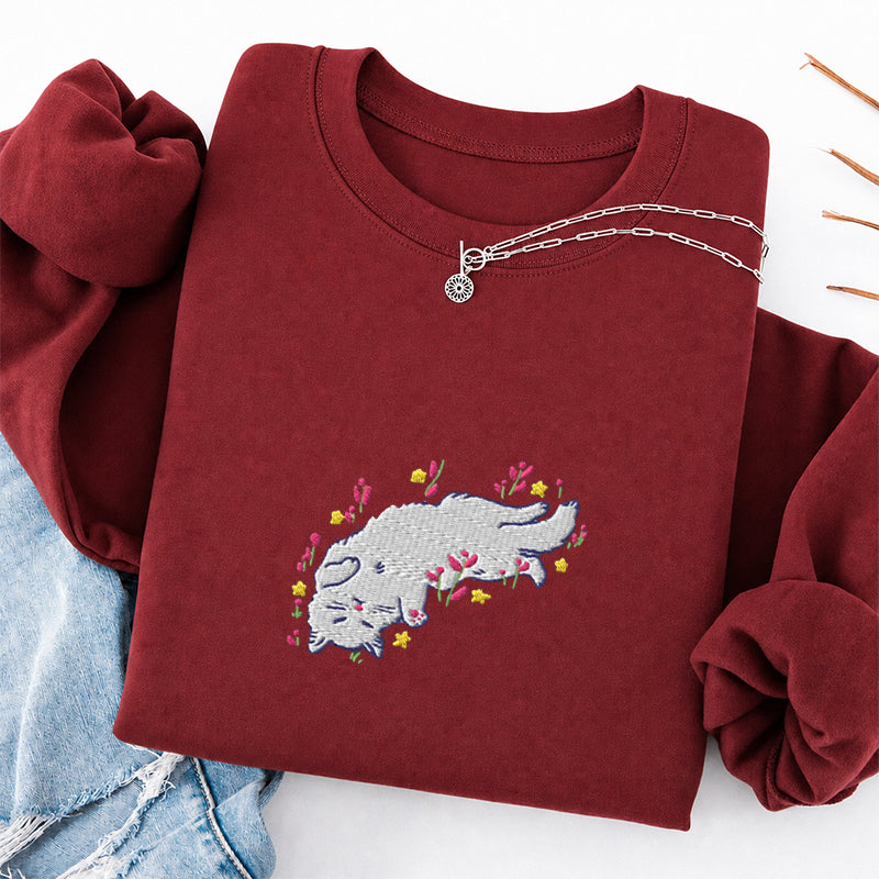 Embroidered Floral Playing Cat Classic Crewneck Sweatshirt