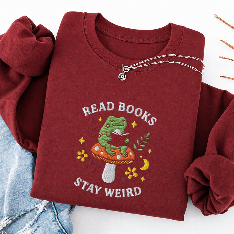 Embroidered Read Books Stay Weird Reading Frog Classic Crewneck Sweatshirt
