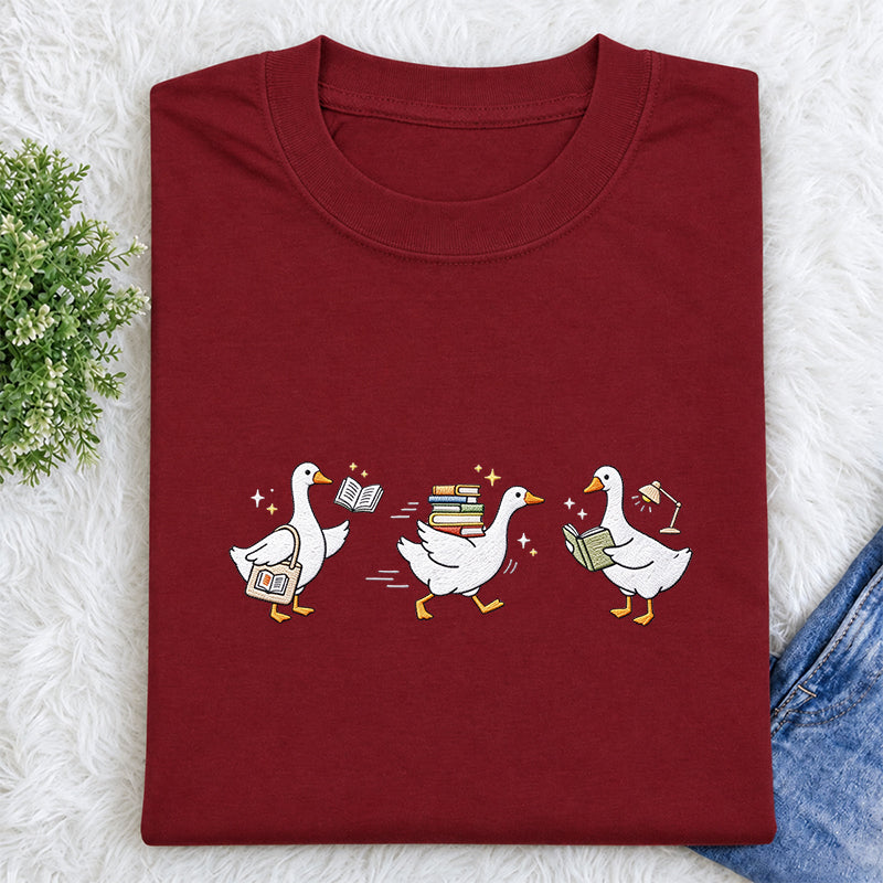 Embroidered Goose Reading Books Classic Crew Neck T-Shirt