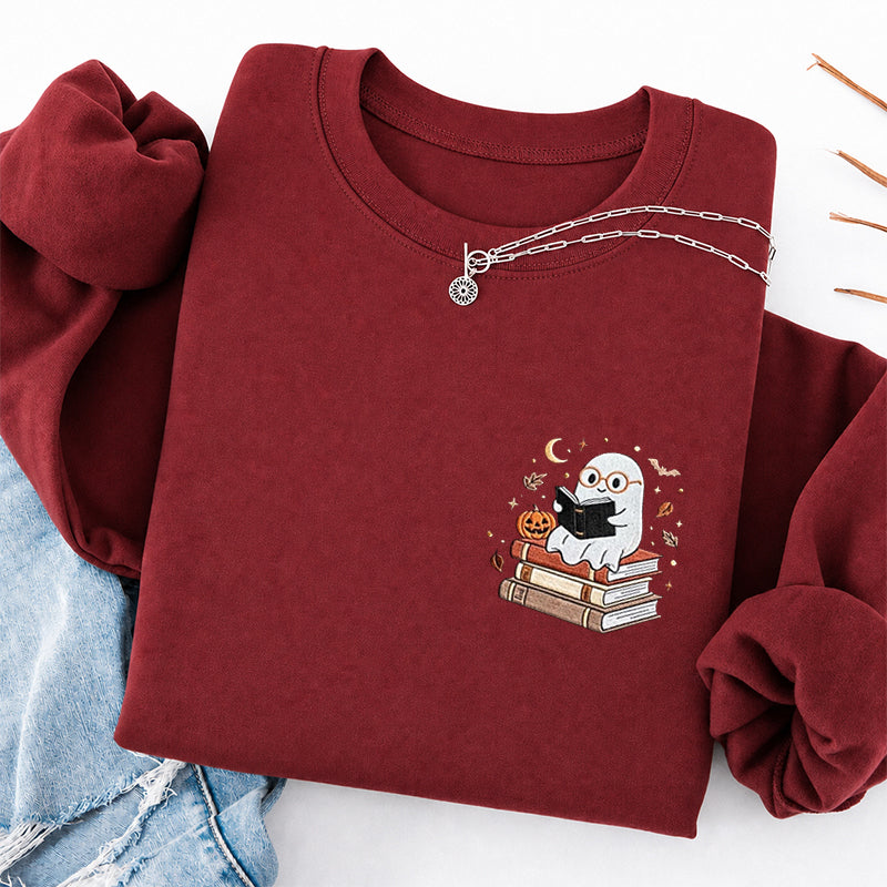 Embroidered Ghost Reading Books Classic Crewneck Sweatshirt