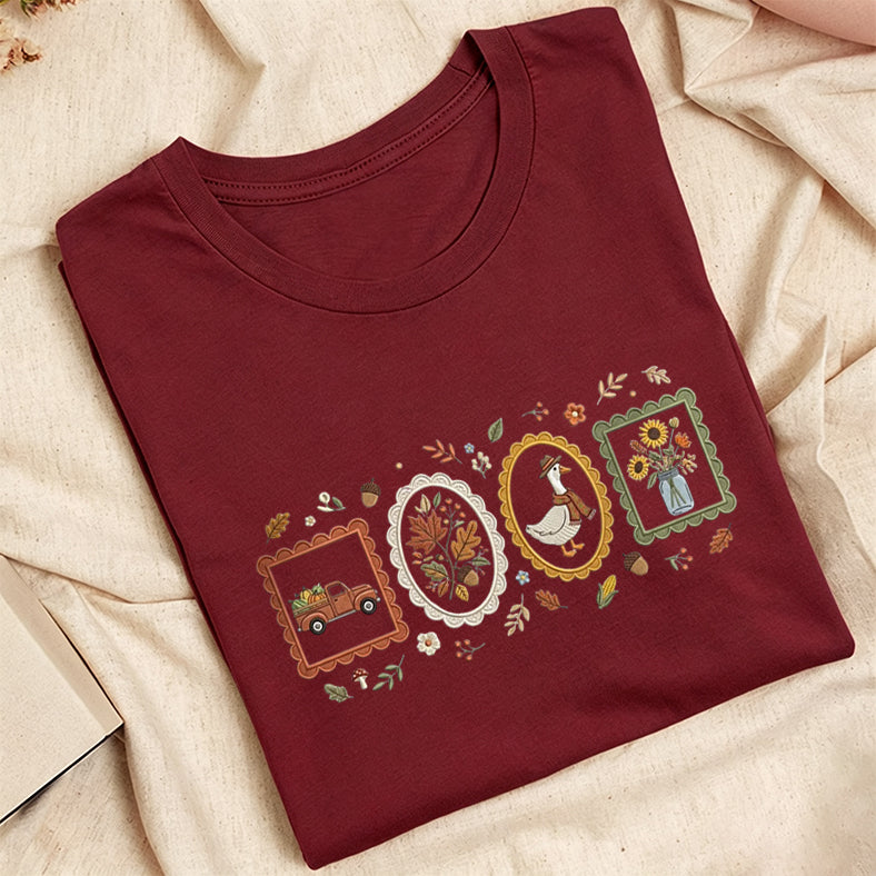 Embroidered Autumn Postcards Classic Adult Unisex Crew Neck T-Shirt