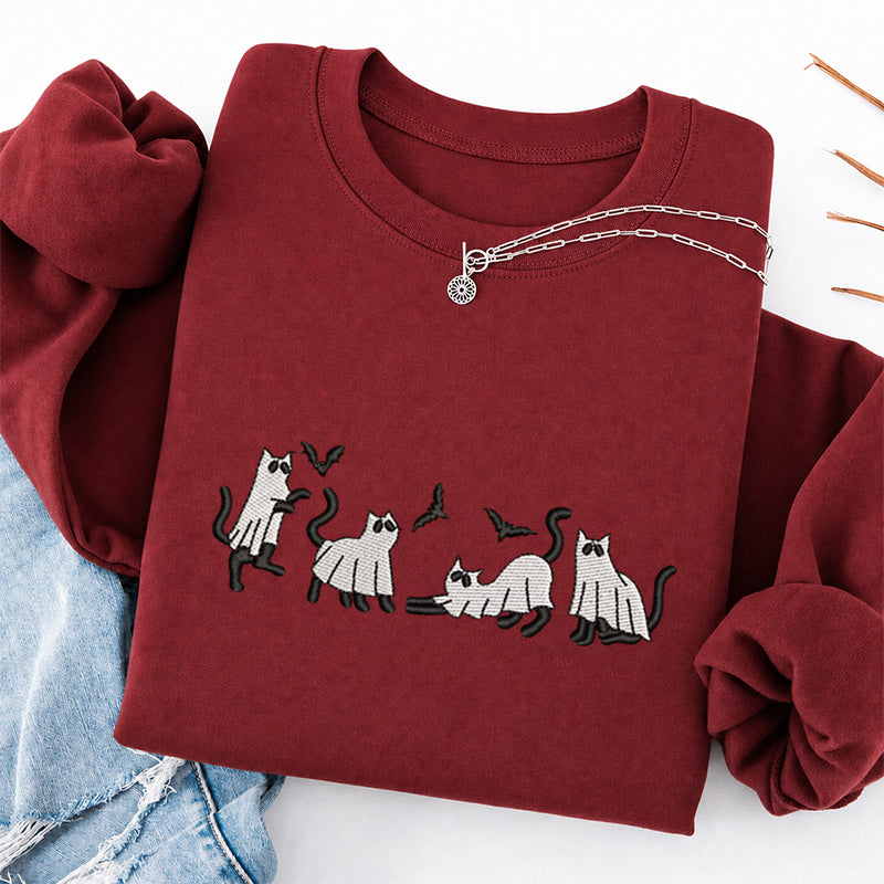 Embroidered Funny Cat Ghosts Classic Crewneck Sweatshirt