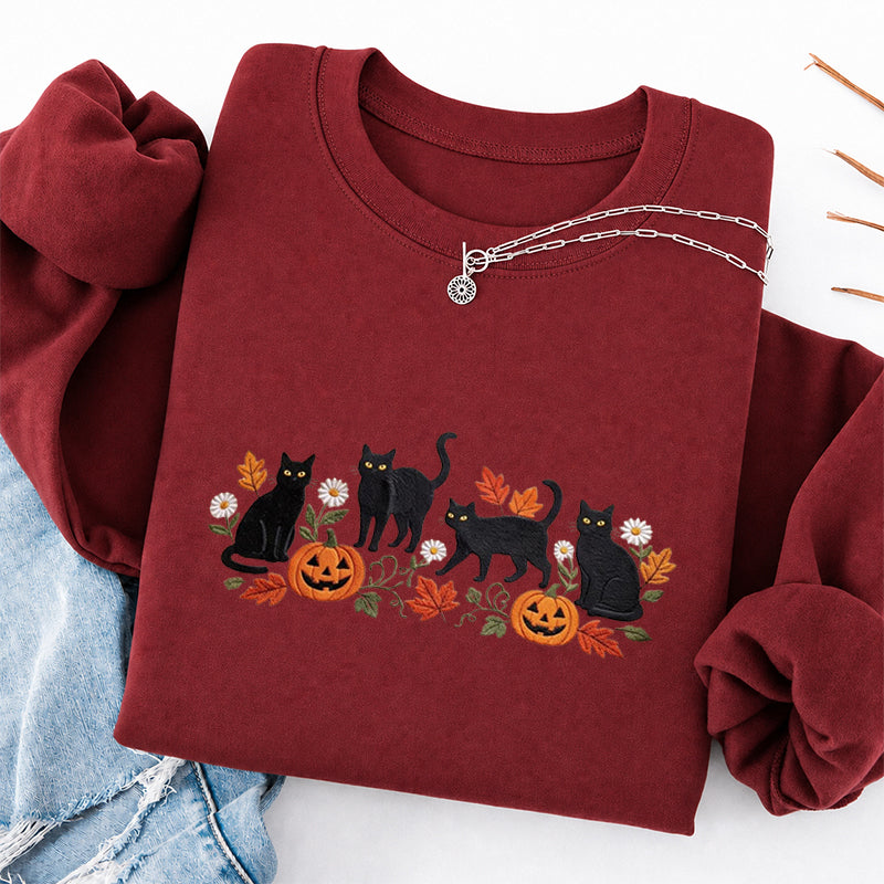 Embroidered Halloween Black Cat Pumpkins Classic Crewneck Sweatshirt