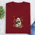 Embroidered Floral Ghost Reading Classic Crew Neck T-Shirt