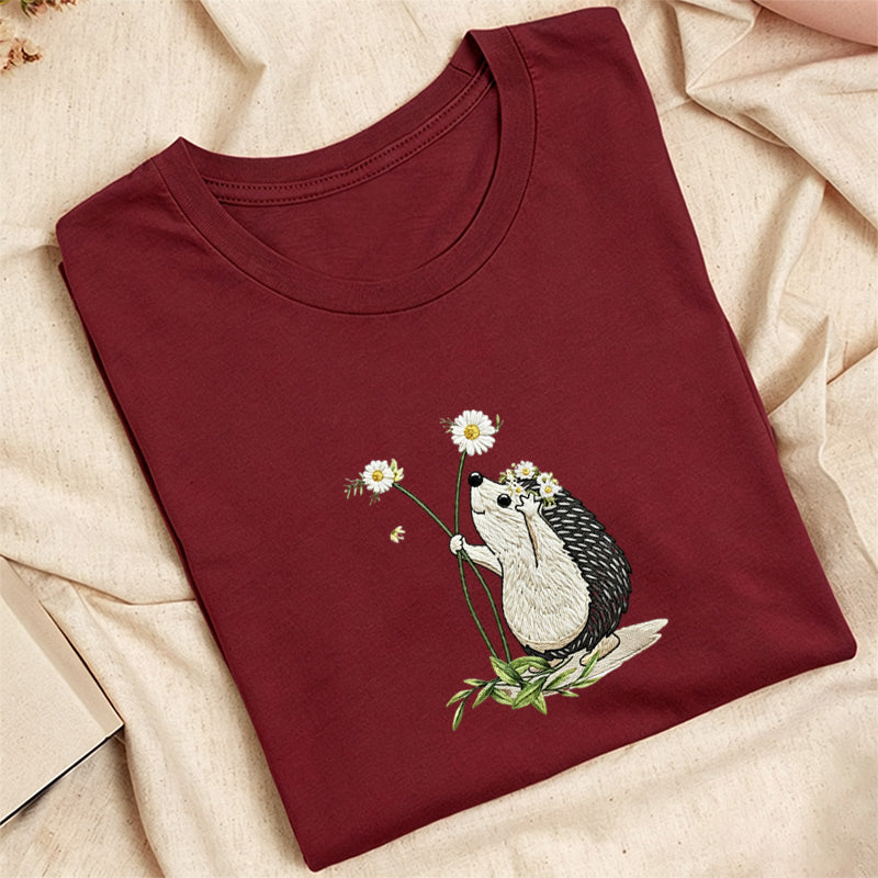 Embroidered Hedgehog Daisy Classic Adult Unisex Crew Neck T-Shirt