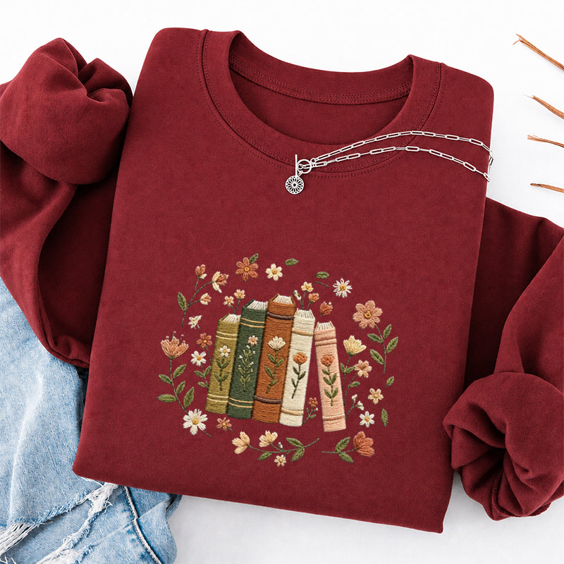 Embroidered Floral Book Stack Classic Crewneck Sweatshirt