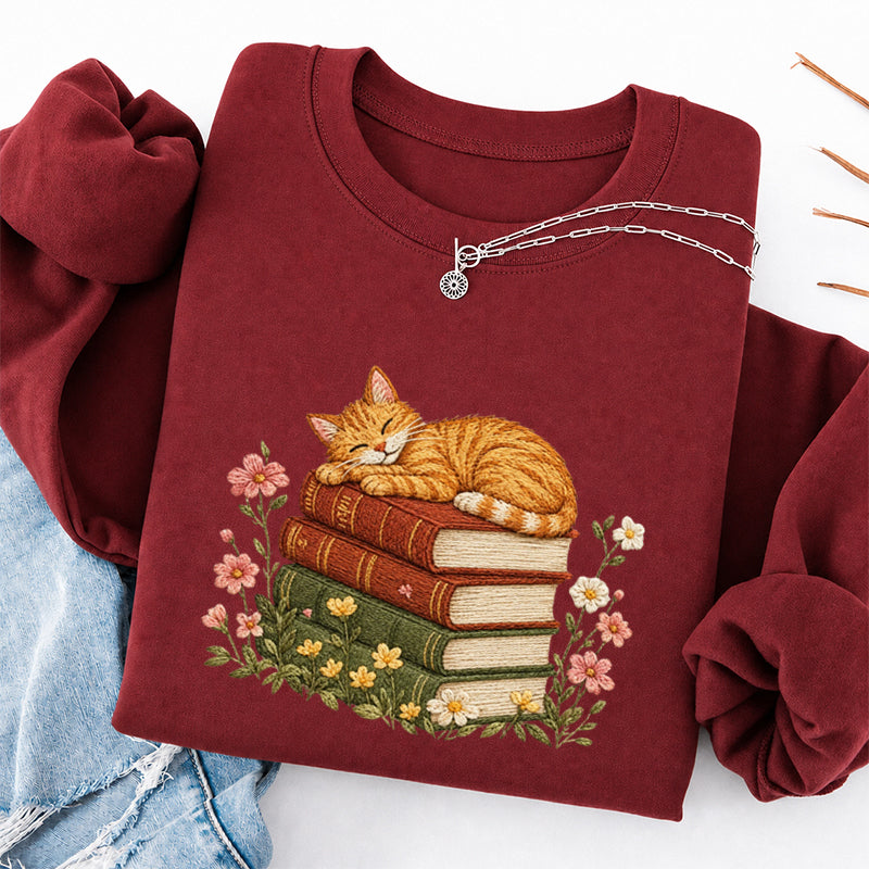 Embroidered Cat Sleeping On Books Classic Crewneck Sweatshirt