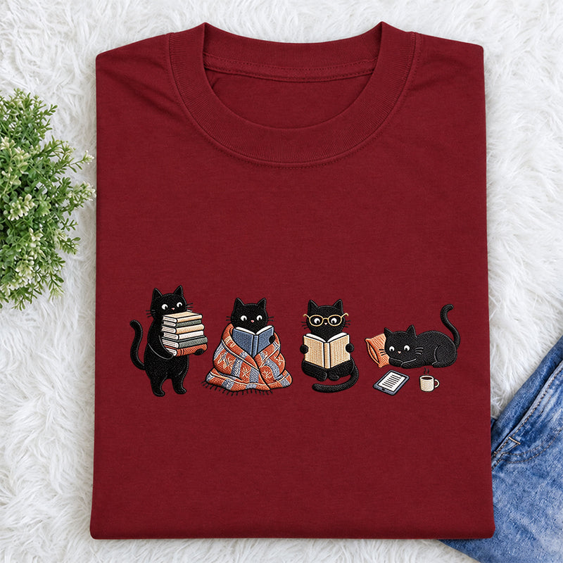 Embroidered Bookish Black Cats Classic Crew Neck T-Shirt