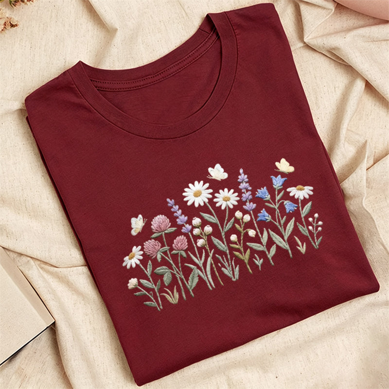 Embroidered Wildflower Classic Adult Unisex Crew Neck T-Shirt