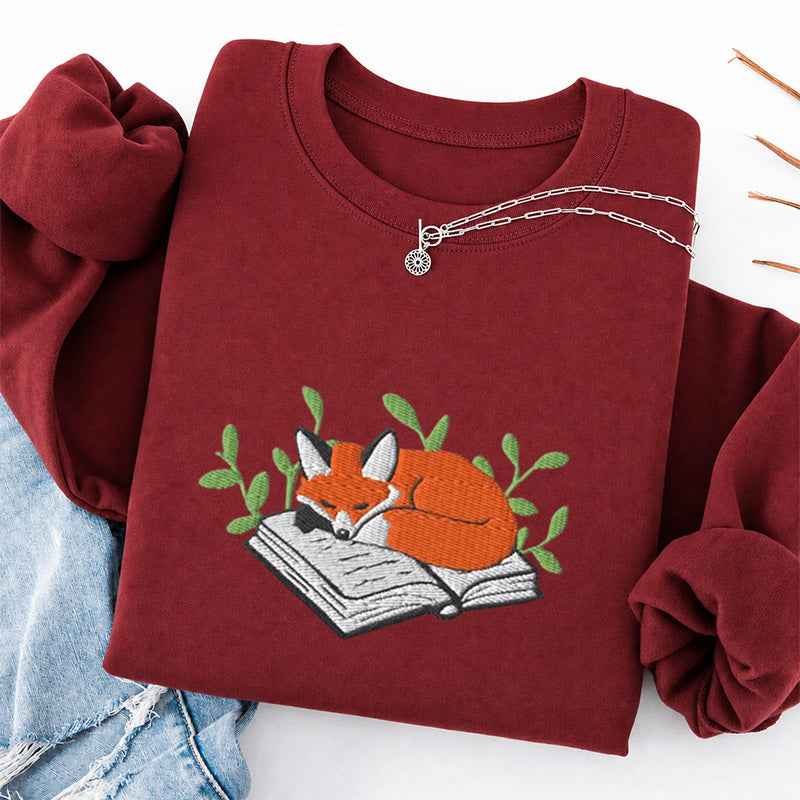 Embroidered Sleeping Fox On The Book Classic Crewneck Sweatshirt
