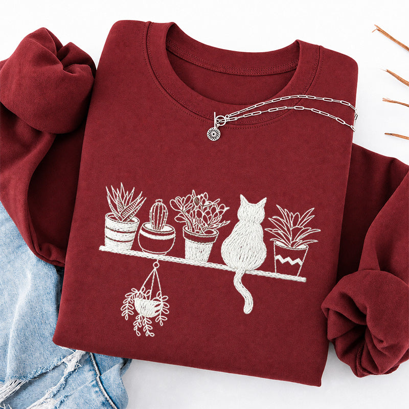 Embroidered Cats And Plants Classic Crewneck Sweatshirt