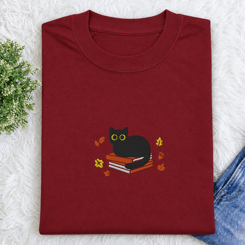 Embroidered Autumn Black Cat Book Classic Crew Neck T-Shirt