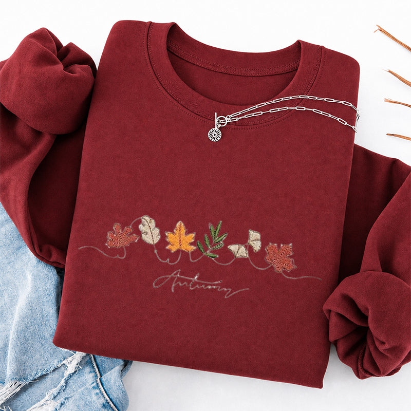 Embroidered Autumn Leaves Classic Crewneck Sweatshirt