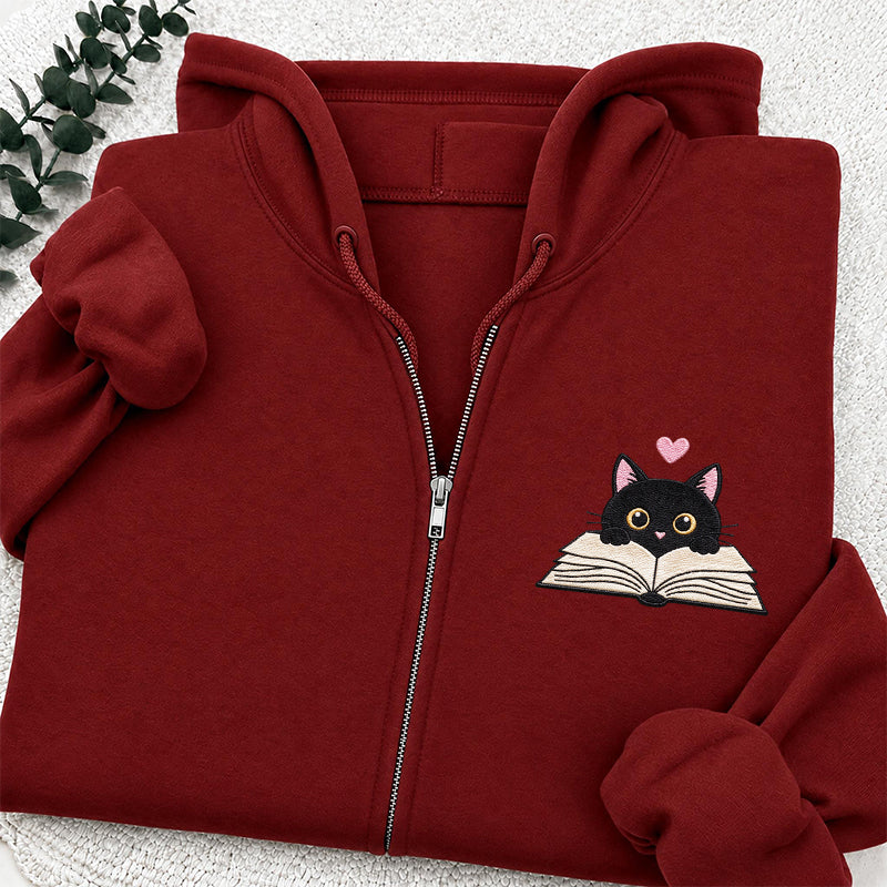 Embroidered Reading Black Cat Classic Adult Unisex Full Zip Hoodie