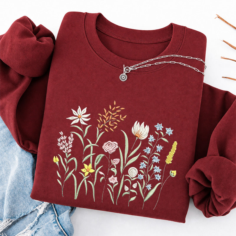 Embroidered Cute Wildflowers Classic Crewneck Sweatshirt