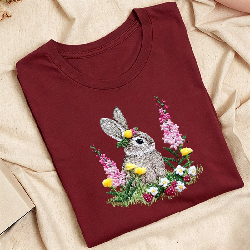 Embroidered Rabbit and Strawberries Classic Adult Unisex Crew Neck T-Shirt