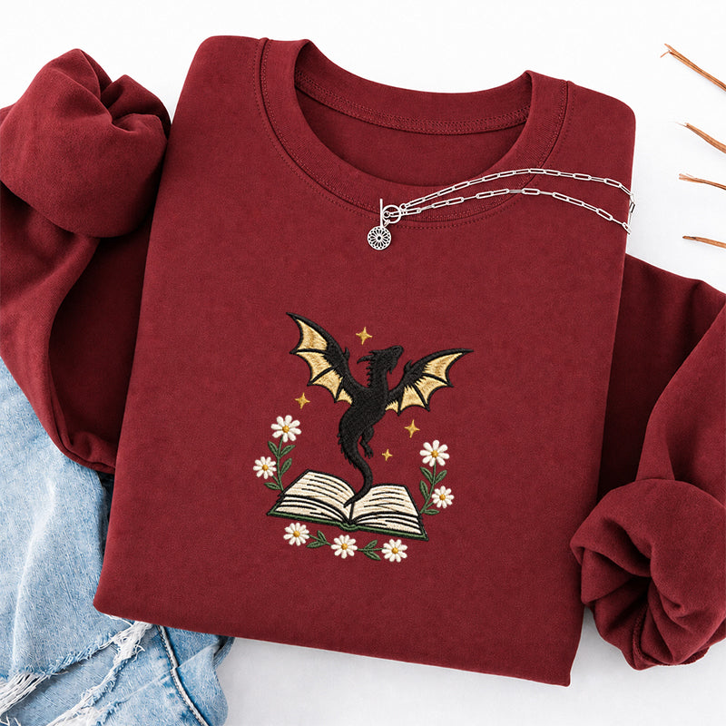 Embroidered Dragon Floral Book Classic Crewneck Sweatshirt