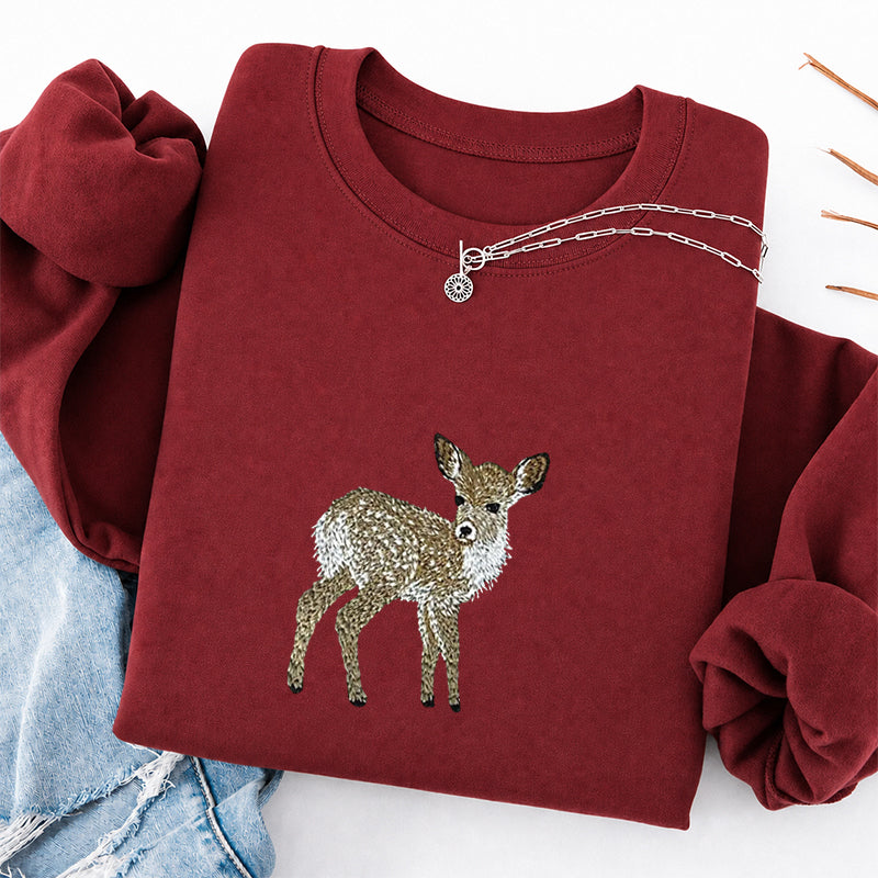 Embroidered Forest Deer Classic Crewneck Sweatshirt