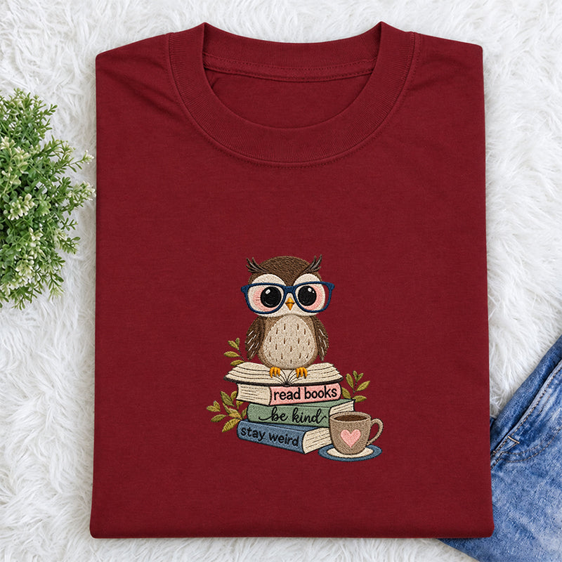 Embroidered Read Books Be Kind Owl Classic Crew Neck T-Shirt