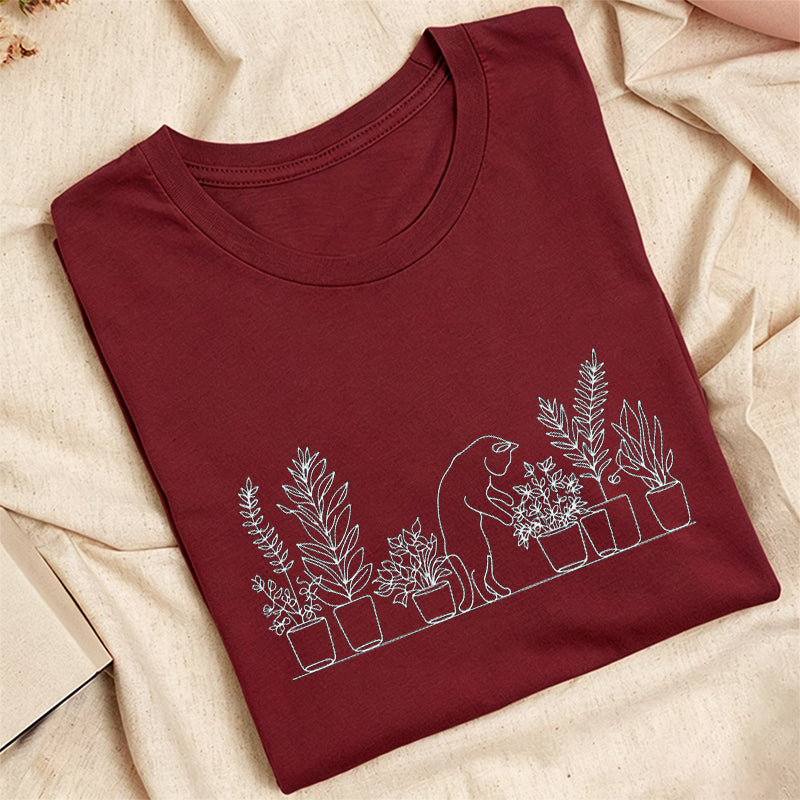 Embroidered Cat and Plant Lover Classic Adult Unisex Crew Neck T-Shirt