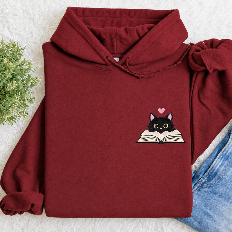 Embroidered Reading Black Cat Classic Adult Unisex Hoodie