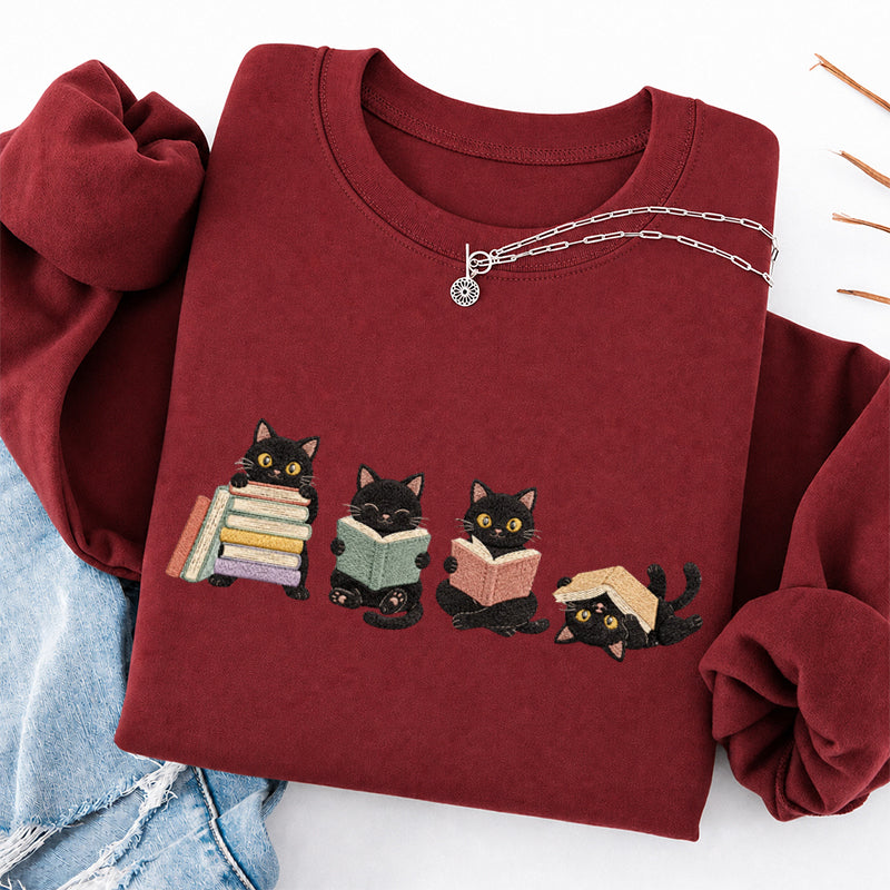 Embroidered Cat Reading Classic Crewneck Sweatshirt