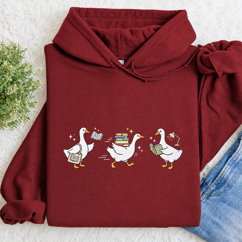 Embroidered Goose Reading Books Classic Adult Unisex Hoodie