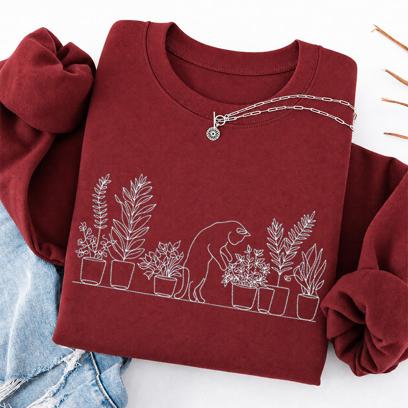 Embroidered Cat and Plant Lover Classic Crewneck Sweatshirt