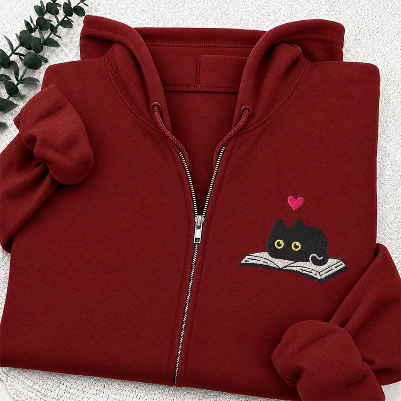 Embroidered Black Cat and Book Classic Adult Unisex Full Zip Hoodie
