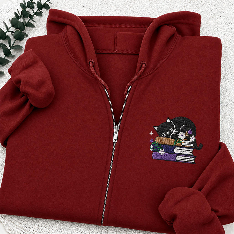 Embroidered Cat Book Classic Full Zip Hoodie