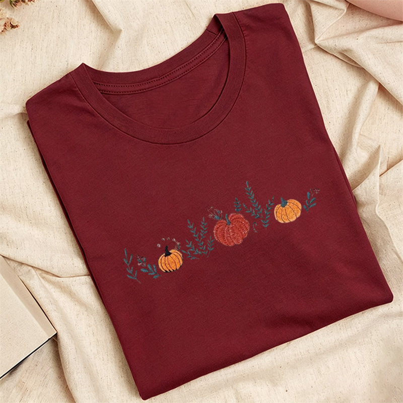 Embroidered Fall Enchanted Pumpkins Classic Adult Unisex Crew Neck T-Shirt