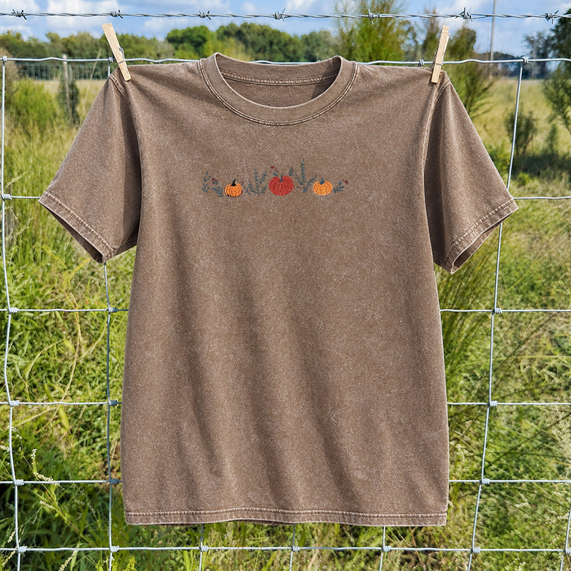 Embroidered Fall Enchanted Pumpkins Washed Crew Neck T-Shirt
