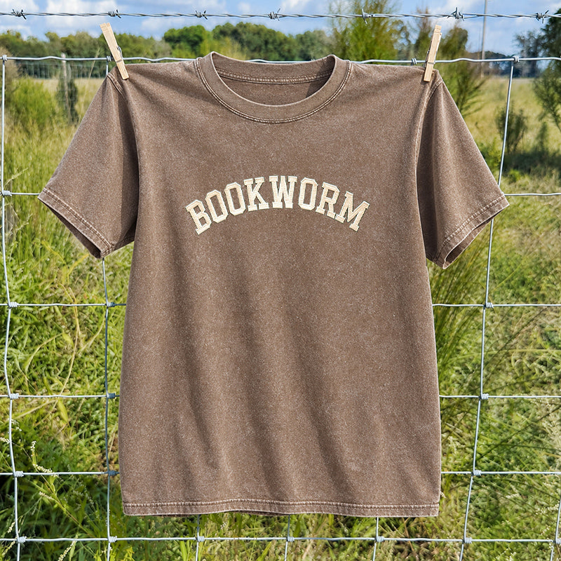 Embroidered Bookworm Washed Crew Neck T-Shirt